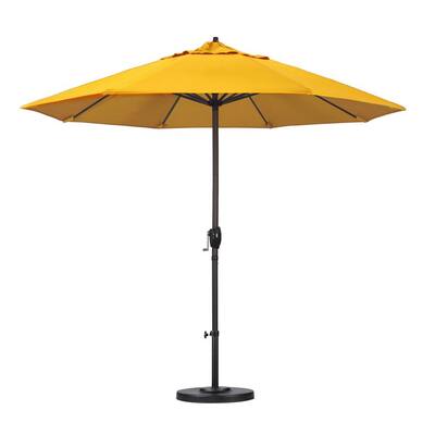 9 ft. Bronze Aluminum Pole Market Aluminum Ribs Auto Tilt Crank Lift Patio Umbrella in Sunflower Yellow Sunbrella