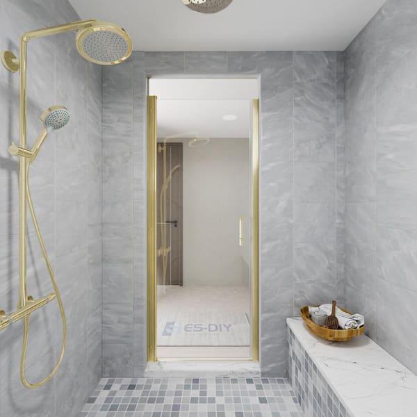 30-32 in. W x 72 in. H Pivot Frameless Shower Door in Brushed Gold with Clear Glass