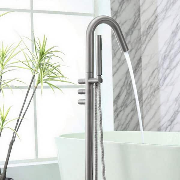 Vara 3-Handle 47.2 in. H Freestanding Tub Faucet with Hand Shower and 360° Swivel Spout in Brushed Nickel