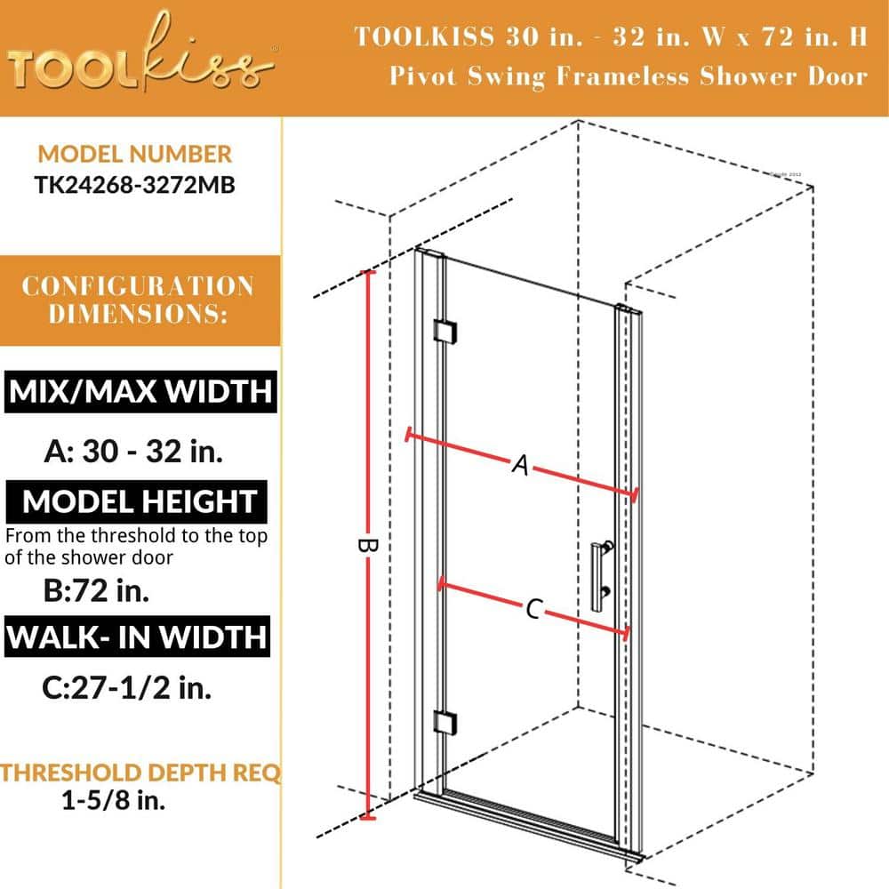32'' Matte Black Frameless Pivot Shower Door with Clear Glass