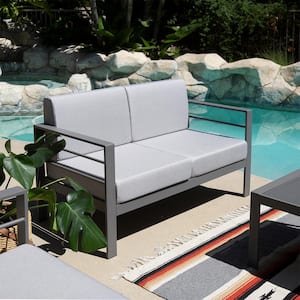 Modern and Contemporary Gray Aluminum Outdoor Sectional Couch with Removable Grey Cushions (2-Seat)