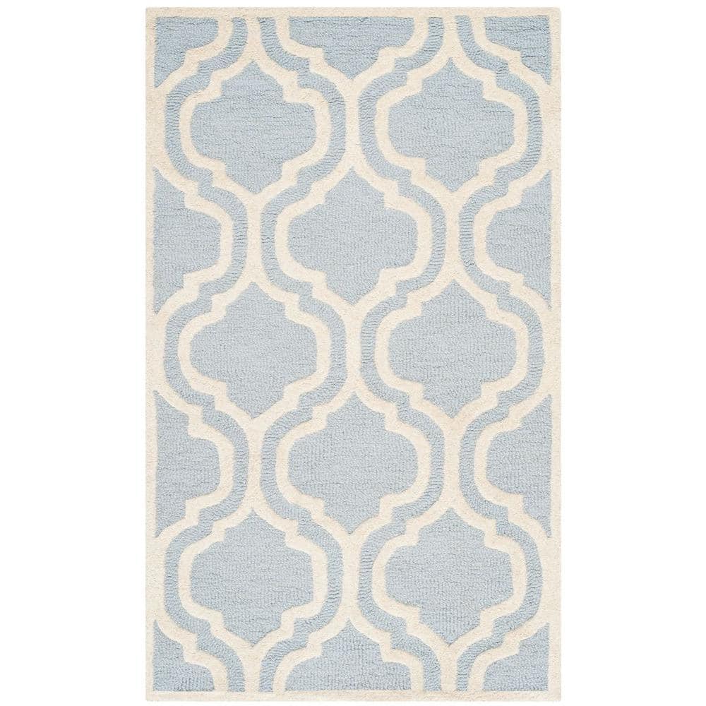 Light Blue and Ivory Geometric Wool Area Rug, 3' x 5'
