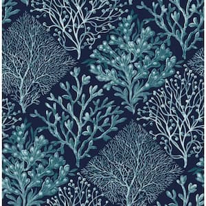 Teal and Navy Blue Seaweed Vinyl Peel and Stick Wallpaper Roll (Cover 30.75 sq. ft.)