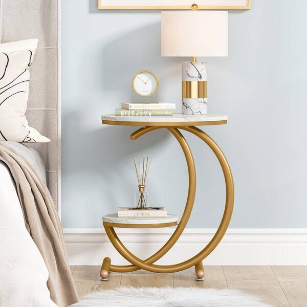 BYBLIGHT Kerlin 20 in. White Gold Wood Round Side Table, 2-Tier Modern Faux Marble End Table with Metal Frame for Living Room