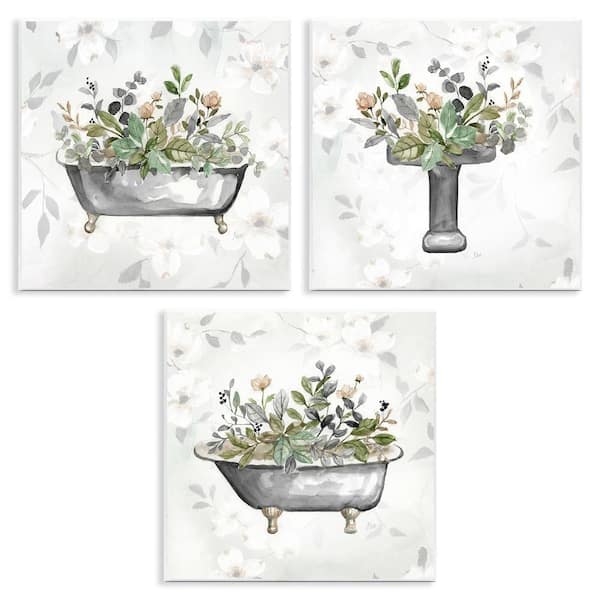 Grey Bathroom Florals by Nan 3 Piece Unframed Nature Graphic Art Print 12 in. x 12 in.