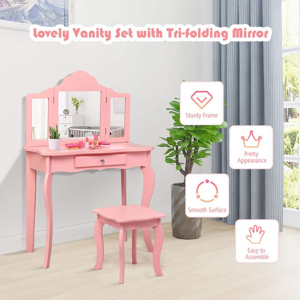 Pink MDF Kids Vanity Table and Stool Set with Tri-Folding Mirror