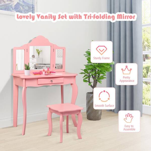 Kids Vanity Table, Gils 2 In 1 Pincess Makeup Desk With