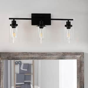 24 in. 3-Light Matte Black Bath Vanity Light with Accents and Clear Glass