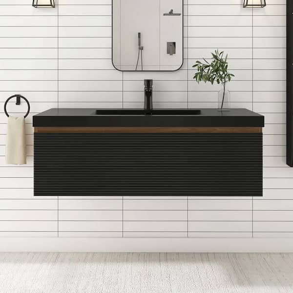 48 in. W x 20 in. D x 16 in. H Single Sink Wall-Mounted Bath Vanity in Mature oak with Black Resin Top