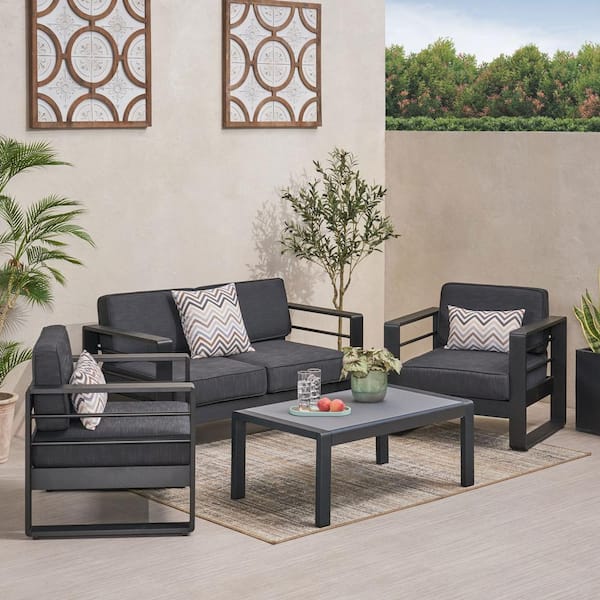 Noble House Maya Black 4-Piece Aluminum Patio Conversation Set with Black Cushion