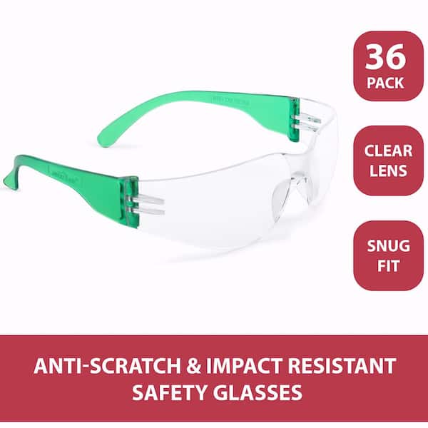 Green, Crystal Clear Lens Color Temple Safety glasses (36-Pairs)