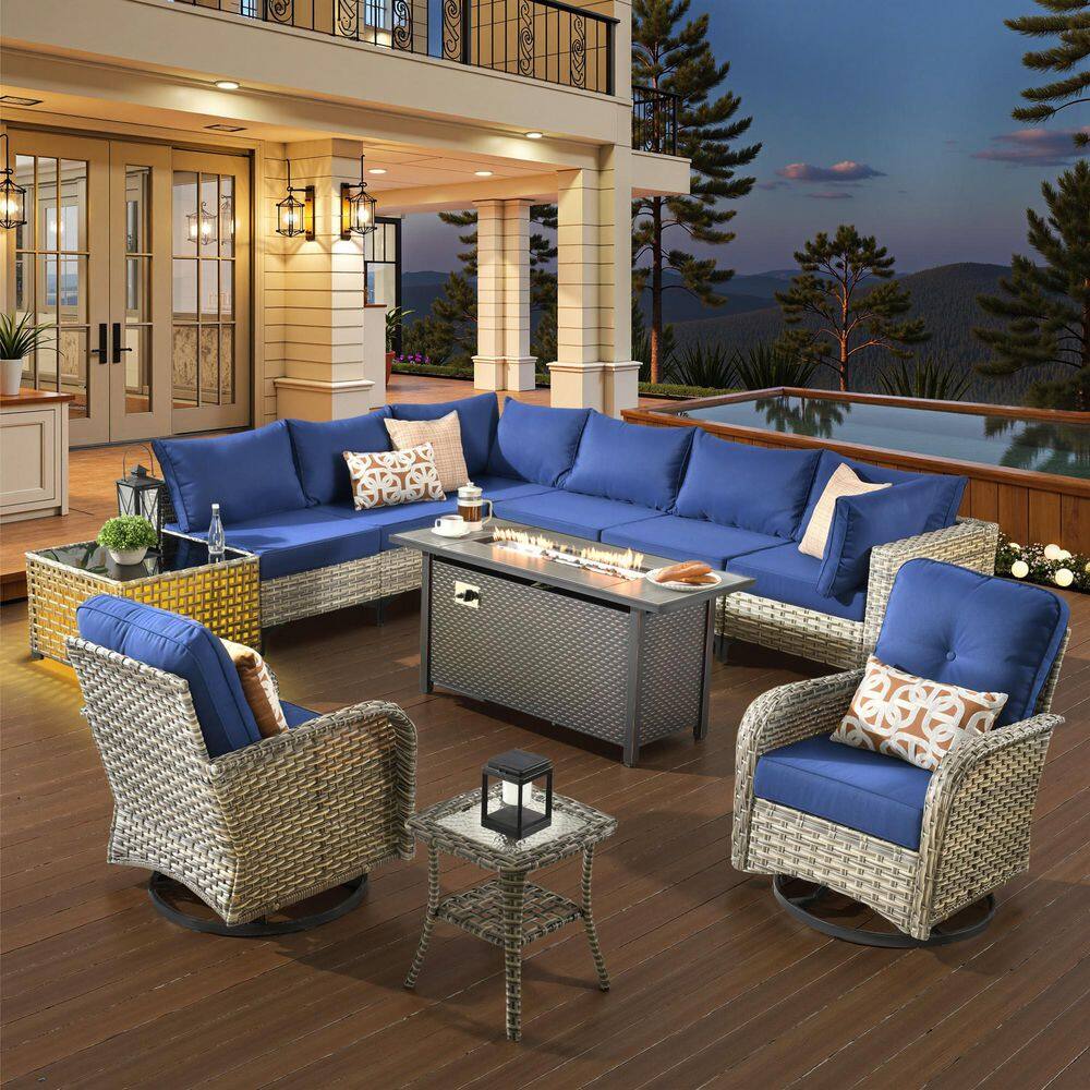 Grace 11 Pieces Wicker Outdoor Patio Rectangular Fire Pit Set and Swivel Rocking Chairs with Navy Blue Cushions price history on PriceWatchPro