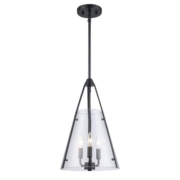 Bel Air Lighting Alivia 11 in. 3-Light Black Pendant Light Fixture with Clear Glass Shade