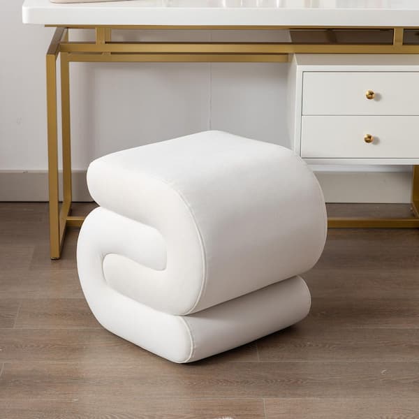 Maverick White Modern Upholstered Velvet S-Shape Ottoman Stool, Wood