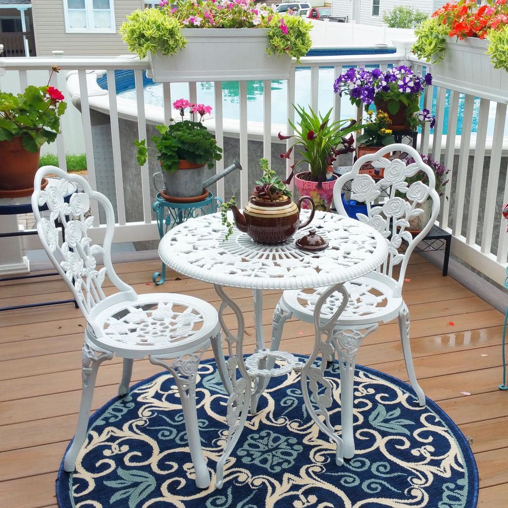 White Cast Aluminum Floral Bistro Set with Iron Legs