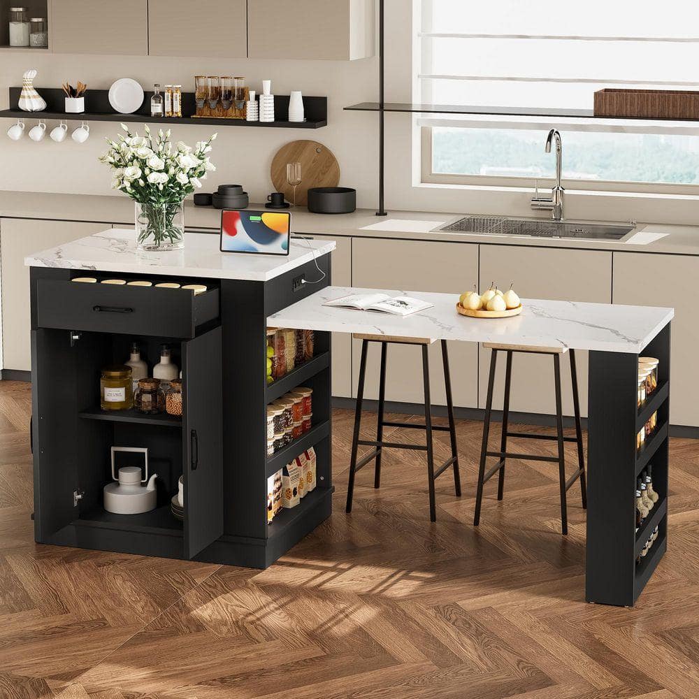 URTR Black Wood 33-81 in. Kitchen Island with Extendable