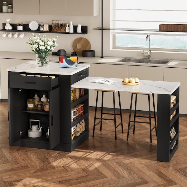 URTR Black Wood 33-81 in. Kitchen Island with Extendable