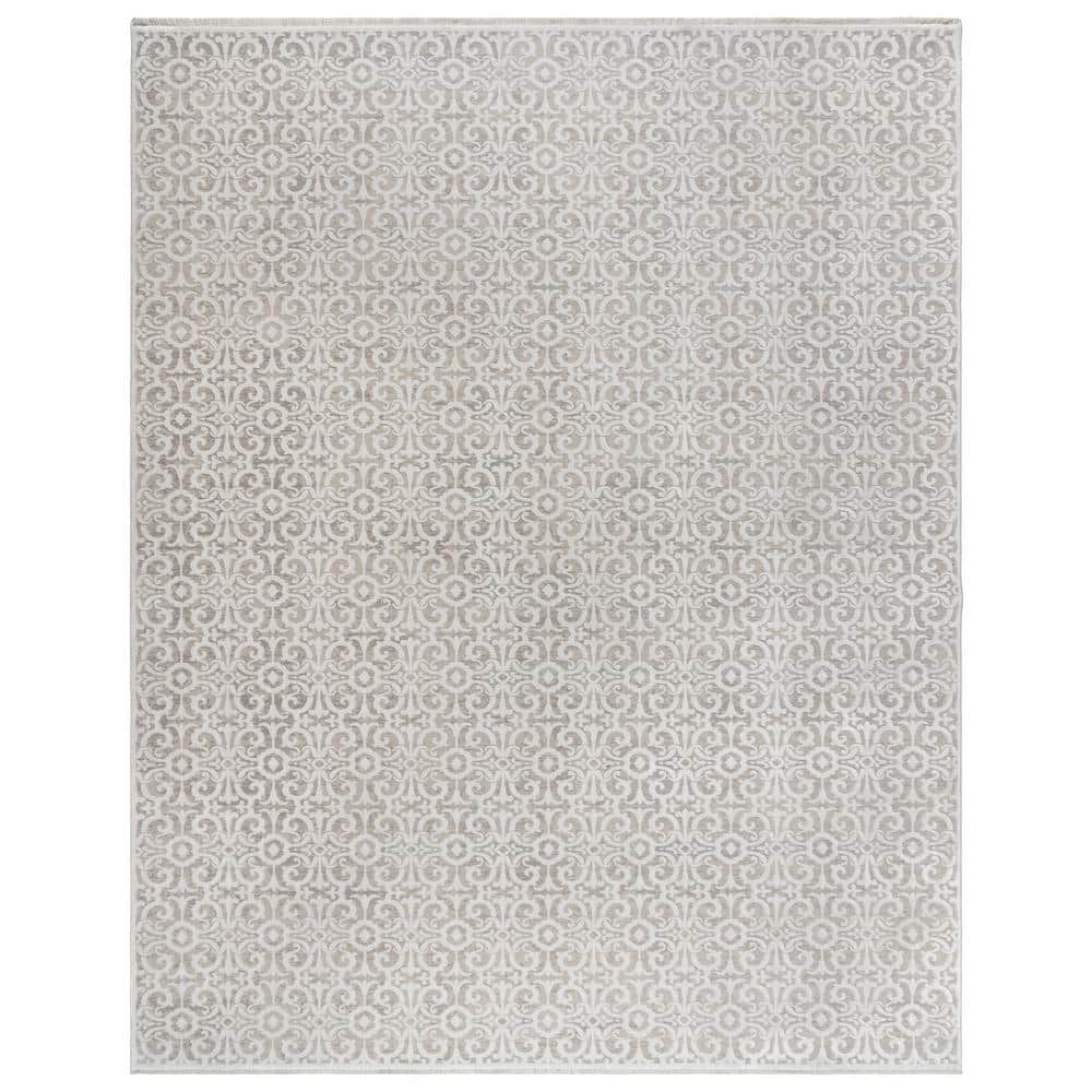 ( Size 5”x8”)  Gertmenian Florance Laci Transitional Scrolled Ivory/Gray High-Low Viscose/Acrylic Area Rug 