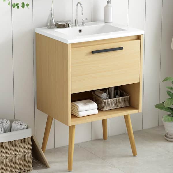 Qidian 24 in.W x 18 in.D x 33.4 in. H Natural Bathroom Vanity, Multi-functional Bath Cabinet with Drawer, Top with White Basin