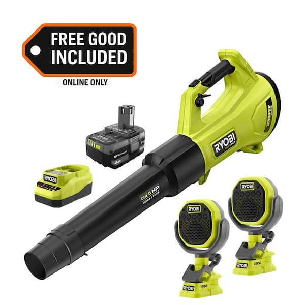ONE+ HP 18V Brushless 450 CFM Leaf Blower w/ 4.0 Ah Battery, Charger, & (2) FREE ONE+ 18V Cordless VERSE Clamp Speakers