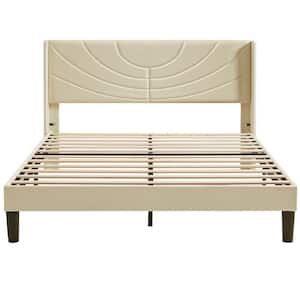 Upholstered Bed Beige Metal Frame Queen Platform Bed with Headboard Wood Slat Support