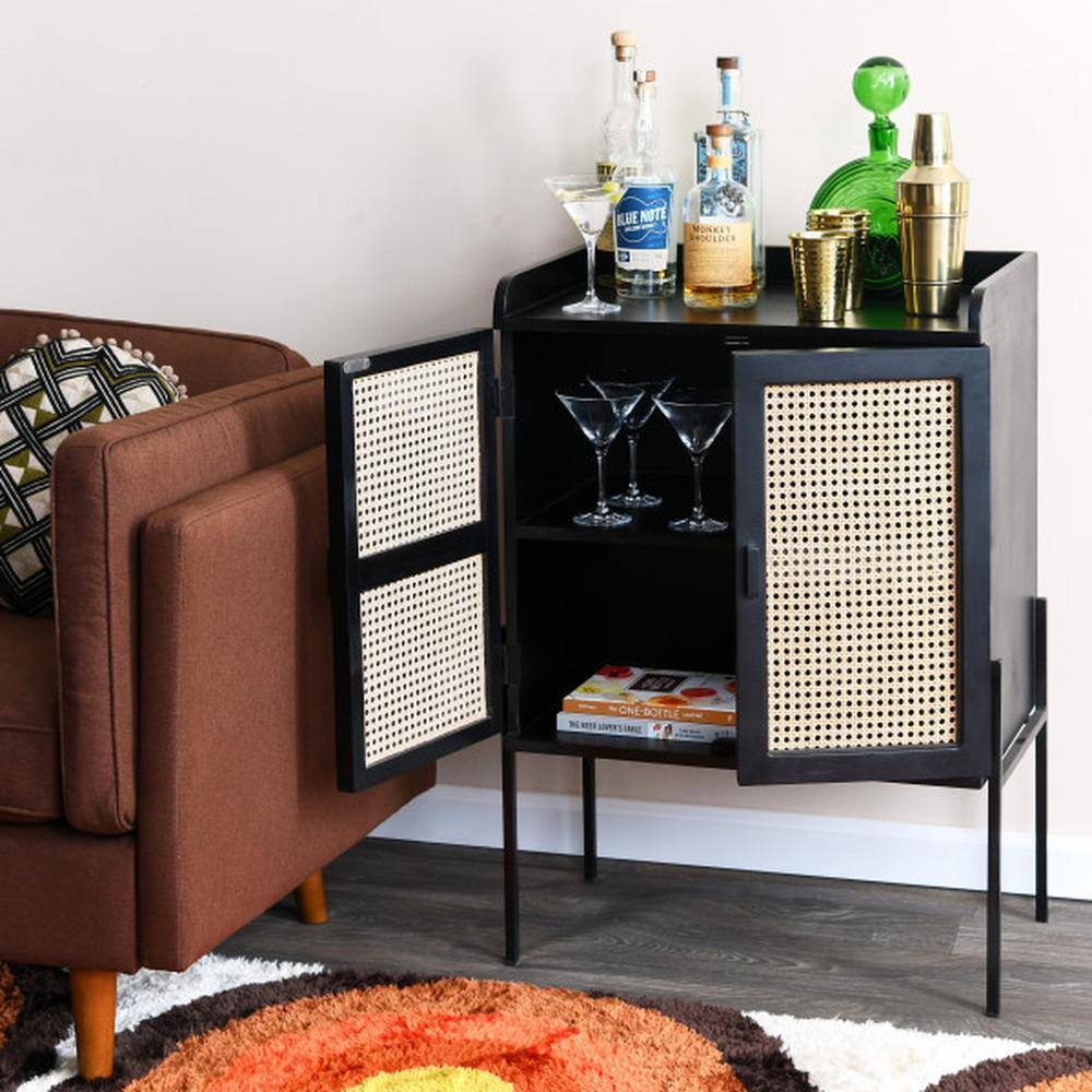 Black and Natural Solid Wood Bar Cabinet with Woven Cane Doors