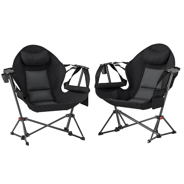 Hammock Camping Chair Set of 2, Adjustable Back Folding Rocking Chair with Cup Holder and Padded Seat, Black