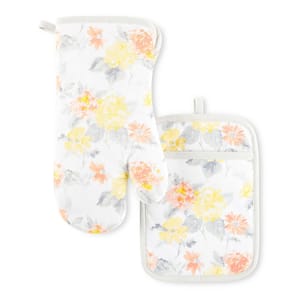 Amber Floral Cotton Yellow/Coral Oven Mitt and Pot Holder (Set of 2)