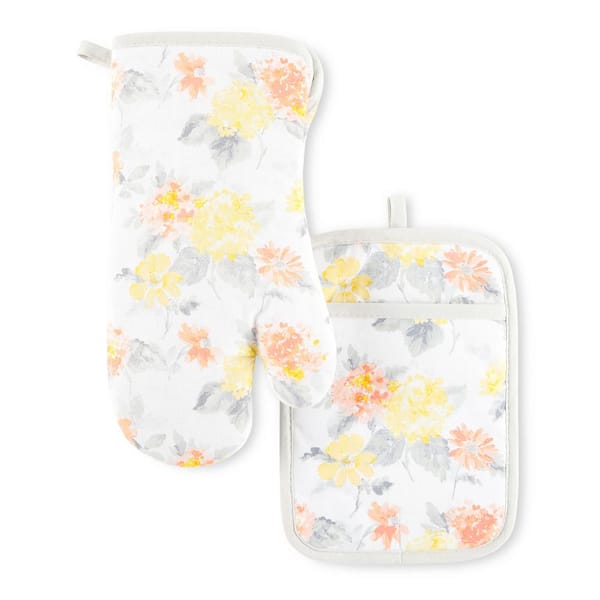 Martha Stewart Amber Floral Cotton Yellow/Coral Oven Mitt and Pot Holder (Set of 2)