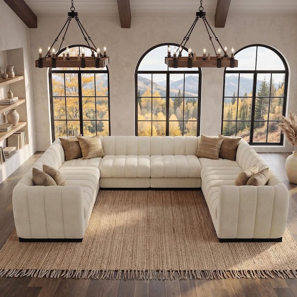 Morden Fort 128 in. U Shape Chenille Beige Sectional Couch, 8-Seater Oversized Modular Sofa Set for Living Room Office