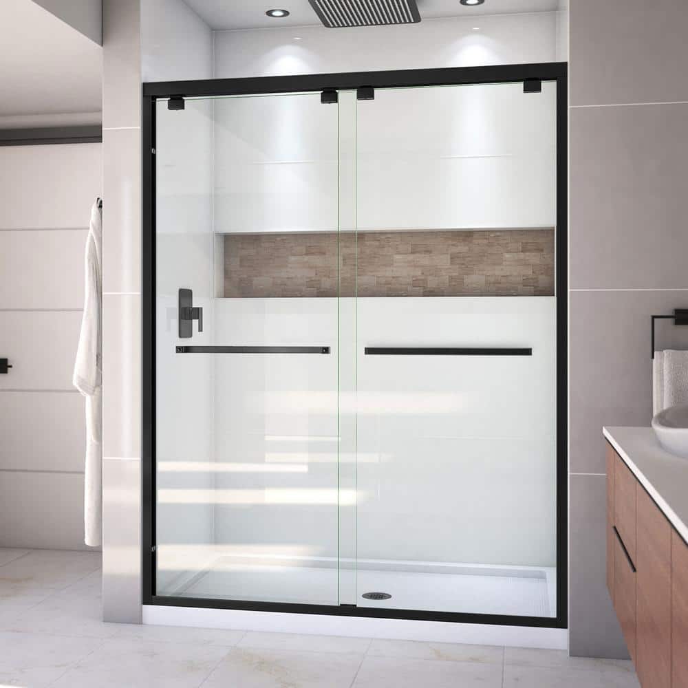 Encore 32 in. D x 60 in. W x 78.75 in. H Semi-Frameless Sliding Shower Door in Matte Black with Center Drain White Base price history on PriceWatchPro