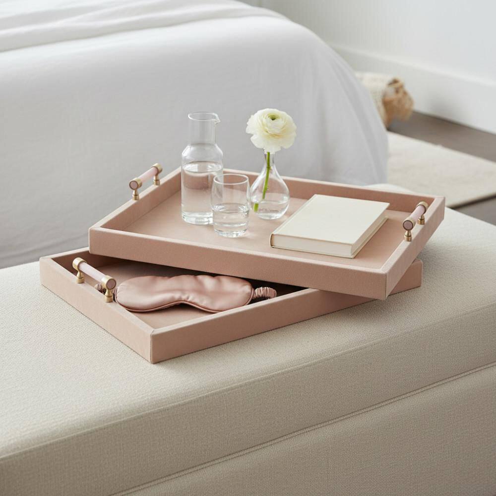 Ivory 17 in. and 20 in. Rectangle Wood Suede Decorative Trays (Set of 2)