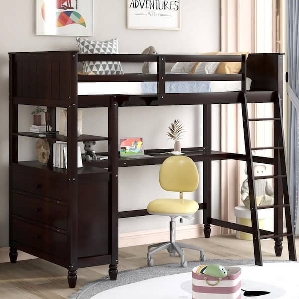 Harper & Bright Designs Multifunction Espresso Twin Size Wood Loft Bed ...