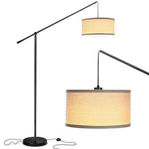 Hudson 2 70 in. Classic Black Mid-Century Modern 1-Light Height Adjustable LED Floor Lamp with Beige Fabric Drum Shade