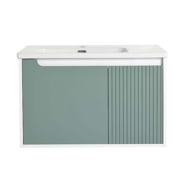 FUNKOL 32 in. W x 20 in. D x 20 in. H Single Sink Wall Mounted Bath Vanity in Green with White Ceramic Top