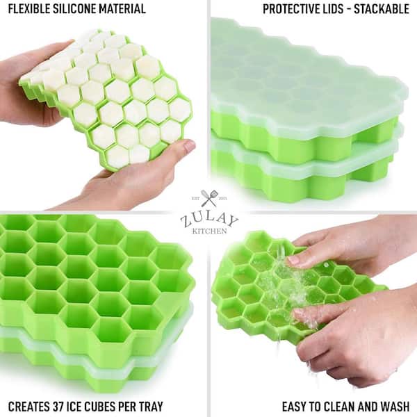 2Pk Soft Silicone Ice Cube Tray Removable Lid BPA Free Holds 24 Cubes Push  Out