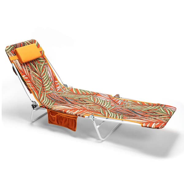 Clihome Outdoor Metal Frame Orange Bamboo Leaves Stripe Beach Chair Lounge Chair with Footrest and Side Pocket