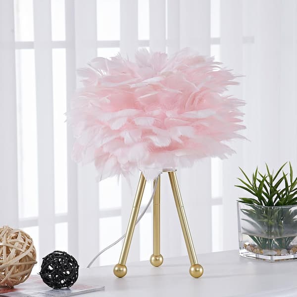 14.5 in. Gold Tripod Modern Pink Bedroom Living Room Bedside Desk Nightstand Small Table Lamps