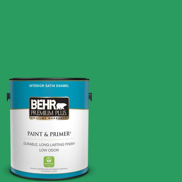 BEHR PREMIUM PLUS 1 gal. #S-G-450 Herbal Tea Satin Enamel Low Odor Interior Paint & Primer