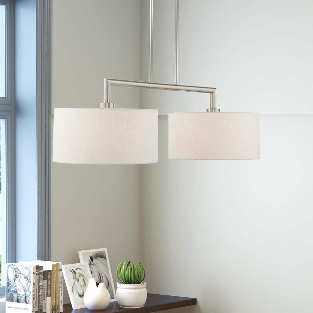 Meridian Brushed Nickel Linear Drum Chandelier with Oatmeal Shades