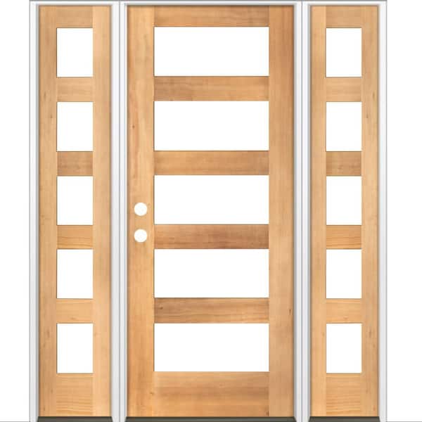 60 in. x 80 in. Modern Hemlock Right-Hand/Inswing 5-Lite Clear Glass Clear Stain Wood Prehung Front Door w/Sidelites