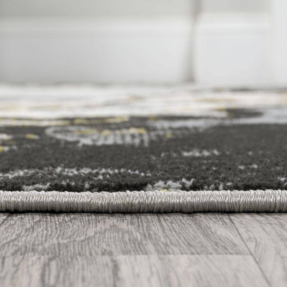 Abstract Swirl Marbled 5x8 Black/Yellow Synthetic Area Rug