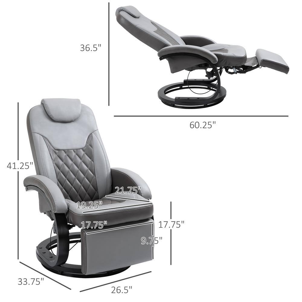 Gray Faux Leather Swivel Recliner with Footrest and Metal Base