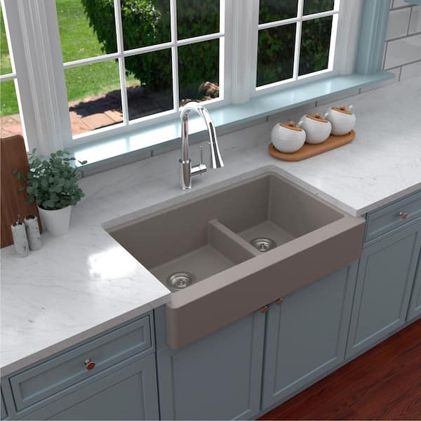 Karran Retrofit Farmhouse/Apron-Front Quartz Composite 34 in. Double Offset Bowl Kitchen Sink in Concrete