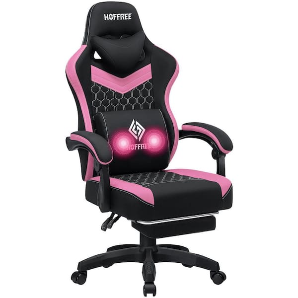 Hoffree Fabric Reclining Ergonomic Gaming Chair in Pink/Black with Vibration Lumbar Pillow and Footrest