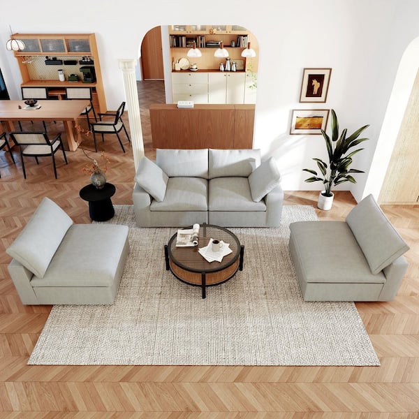 Down Filled 157 in. Square Arm Linen 4-piece Large Modular Sectional Sofa Modern Convertible Sofa Cloud Couch in Gray