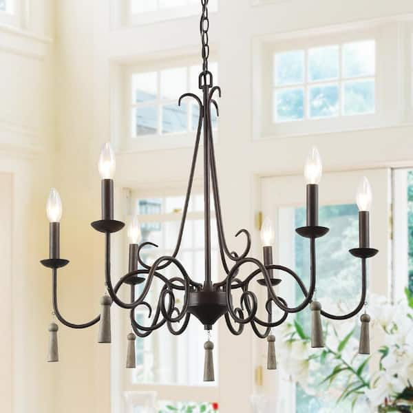 LNC Modern Farmhouse Dining Room Chandelier 6-Light Vintage Bronze Island Candlestick Chandelier Pendant with Wood Drops