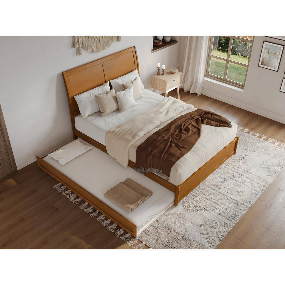 Light Toffee Queen Wood Platform Bed with Trundle and Headboard