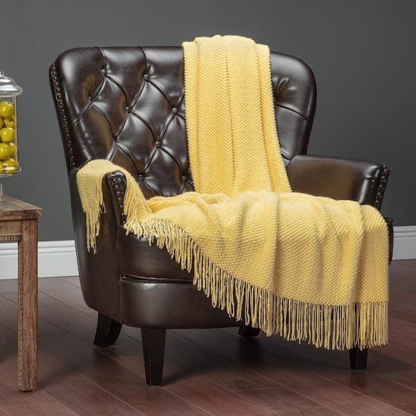 CHANASYA Textured Knit Yellow Acrylic Throw Blanket with Tassels, 50 x 65 in.