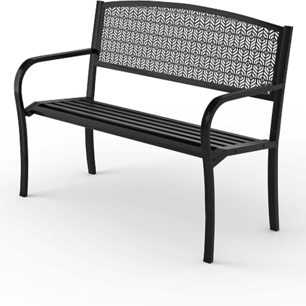 "50"" Outdoor Metal Garden Bench - Heavy Duty Patio Steel Bench with Curved Backrest, Decorative Pattern, Black" price history on PriceWatchPro